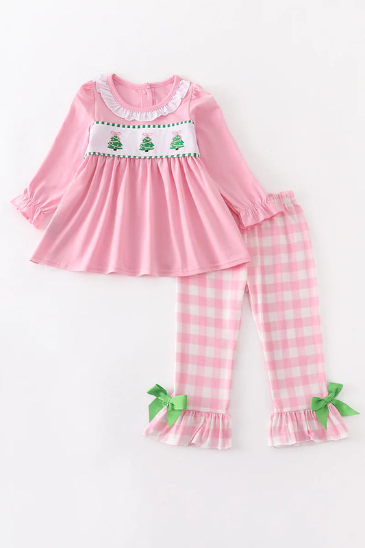 Pink Christmas Tree Embroidery Girl Set