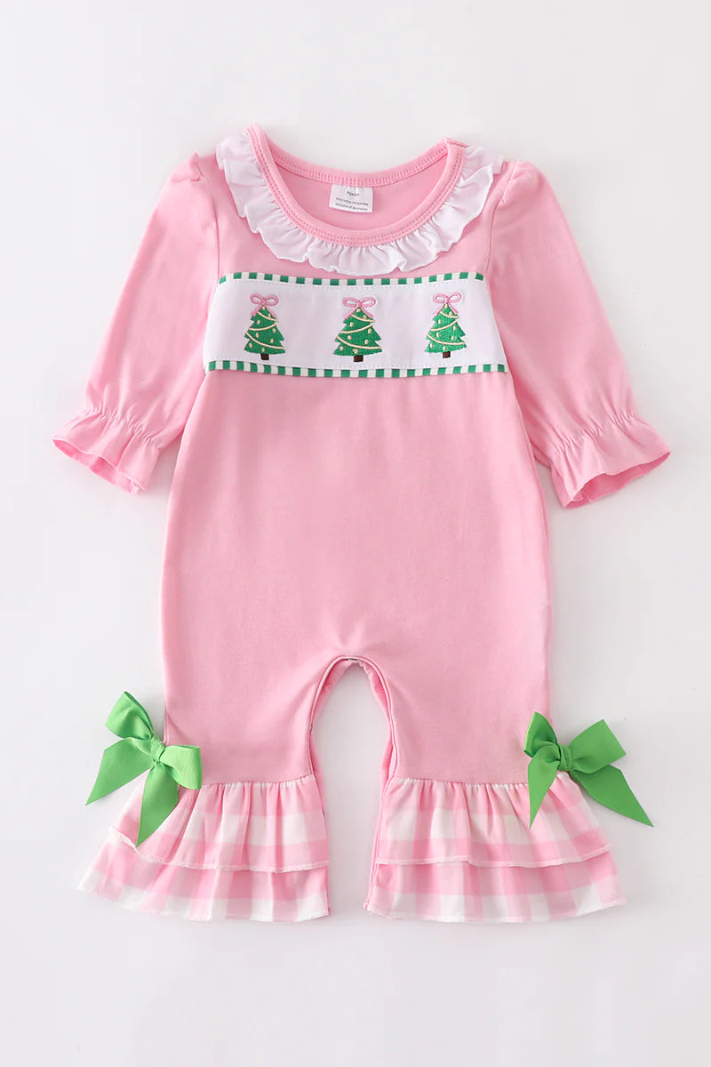 Pink Christmas Tree Embroidery Girl Romper