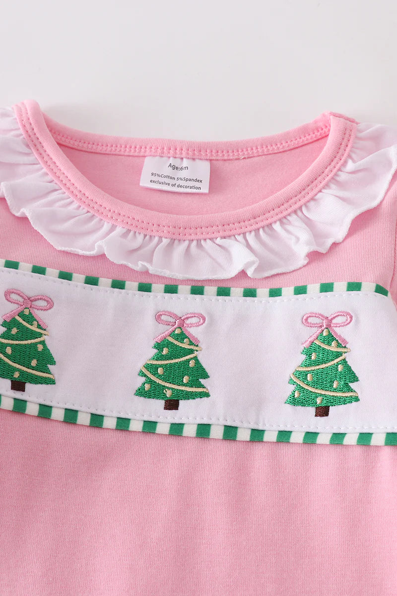 Pink Christmas Tree Embroidery Girl Romper