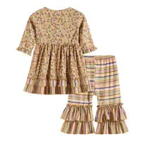 Brown Floral and Stripes Ruffle Dress and Pant Set