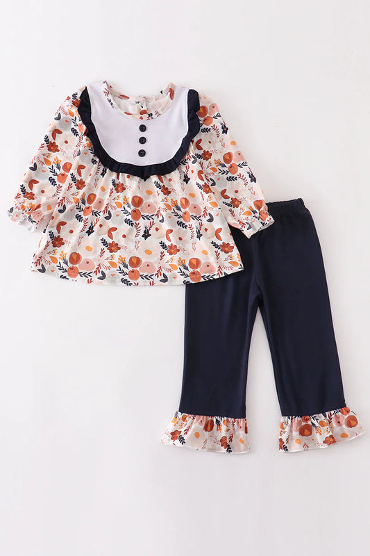 Navy Floral Ruffle Girl Set