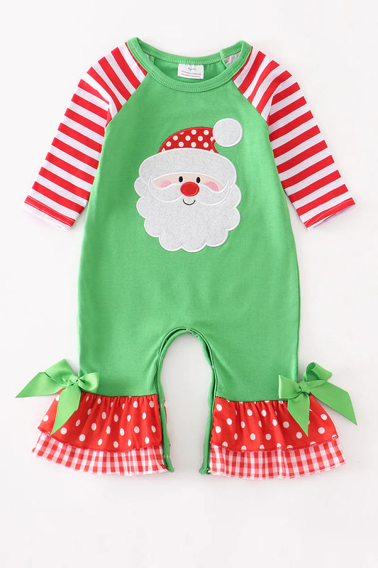 Red Striped Bow Santa Applique Girl Romper