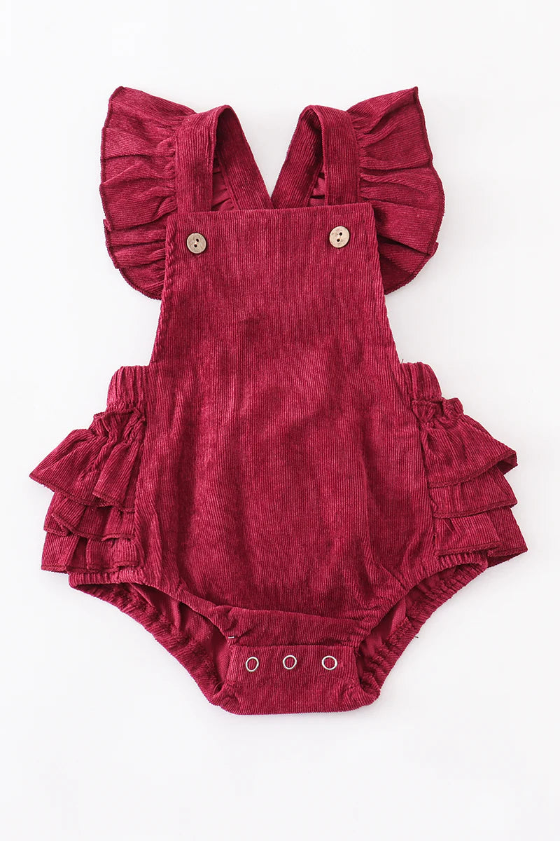 Maroon Velvet Ruffle Baby Romper