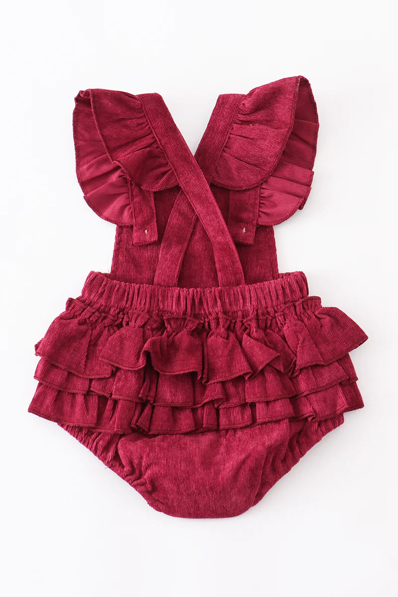 Maroon Velvet Ruffle Baby Romper