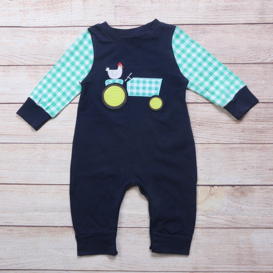 Green Check Embroidered Tractor Boy Romper