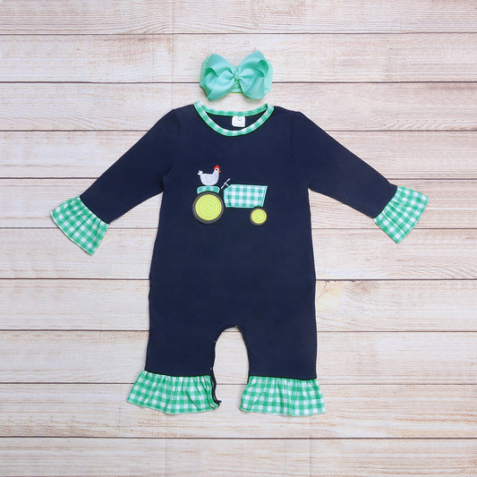 Green Check Embroidered Tractor Girl Romper