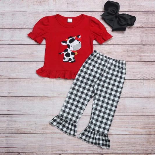 Black Gingham Embroidered Cow Girl Pants Set