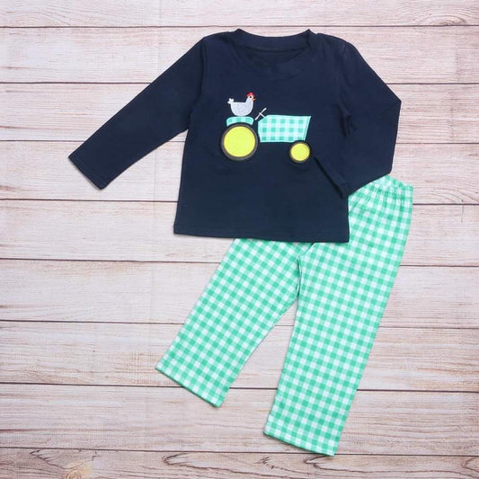 Green Check Embroidered Tractor Boy Set