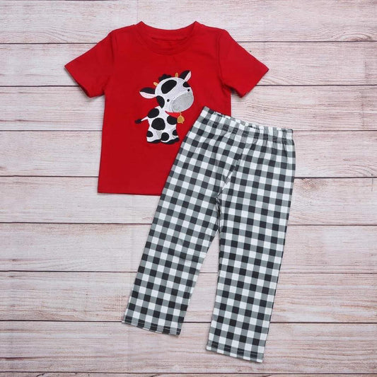 Black Gingham Embroidered Cow Boy Pants Set