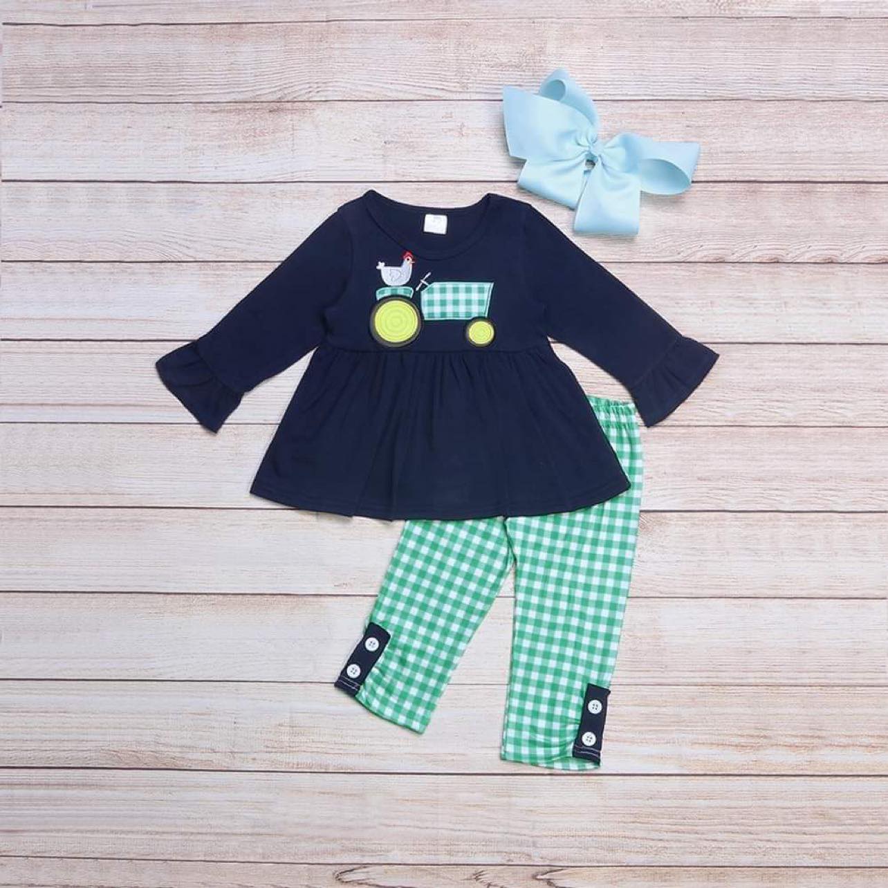 Green Check Embroidered Tractor Girl Pants Set