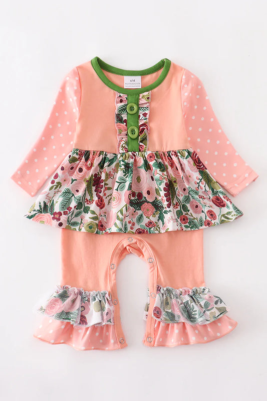 Coral Red Floral Ruffle Baby Romper
