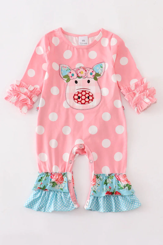 Pink Polkadot Pig Ruffle Baby Romper