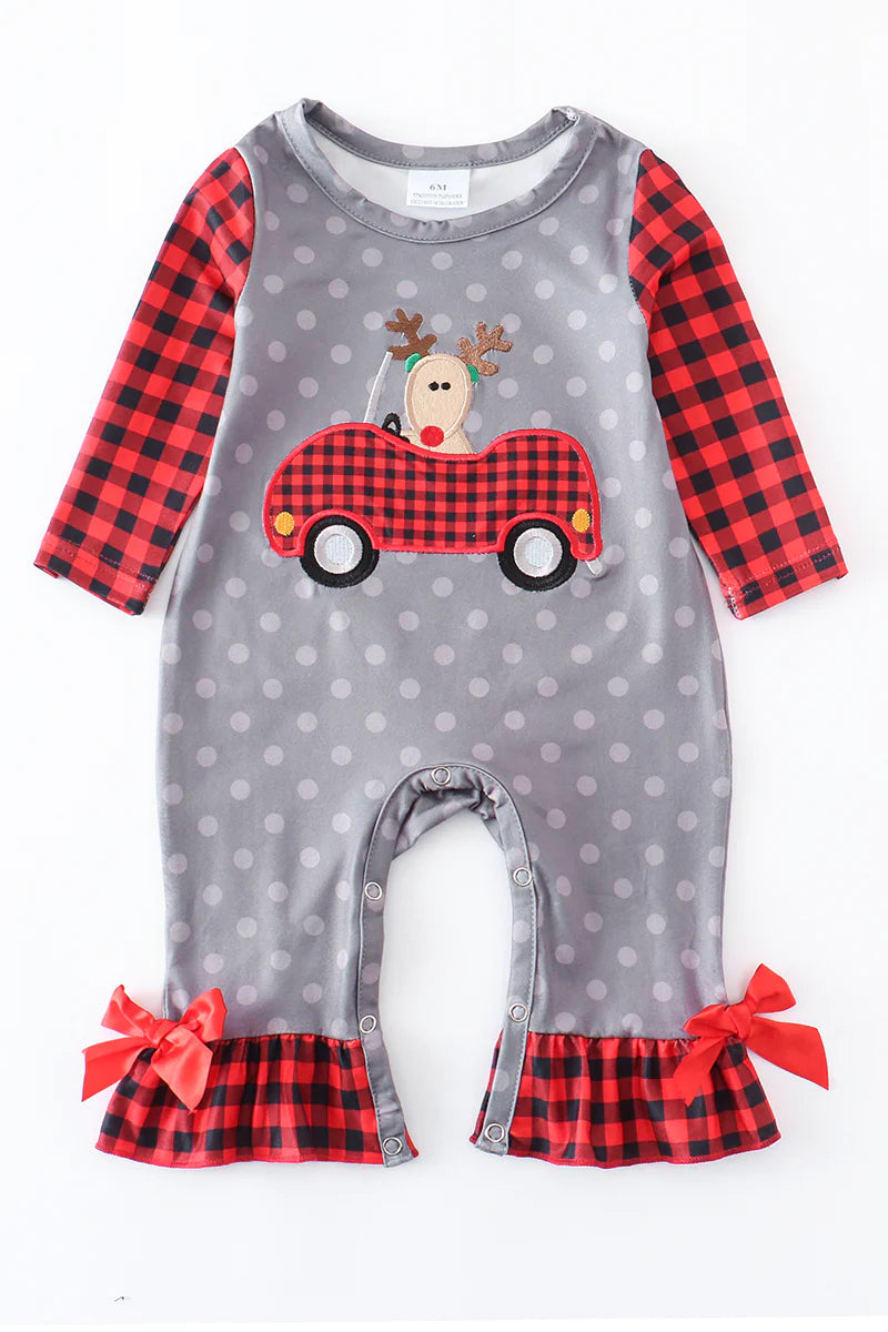 Red Plaid Reindeer Applique Ruffle Baby Romper