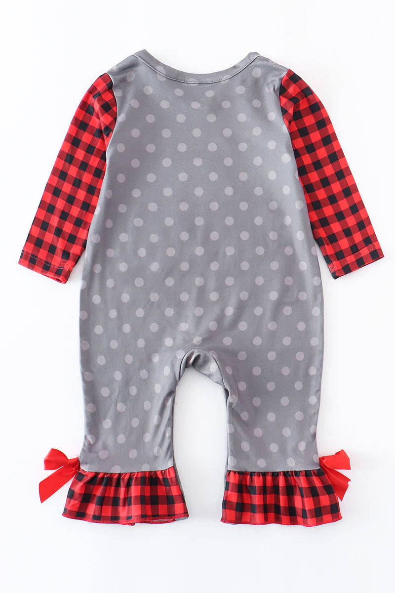 Red Plaid Reindeer Applique Ruffle Baby Romper