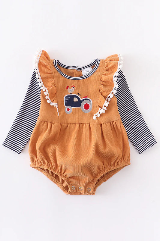 Mustard Rooster Truck Ruffle Baby Onesie