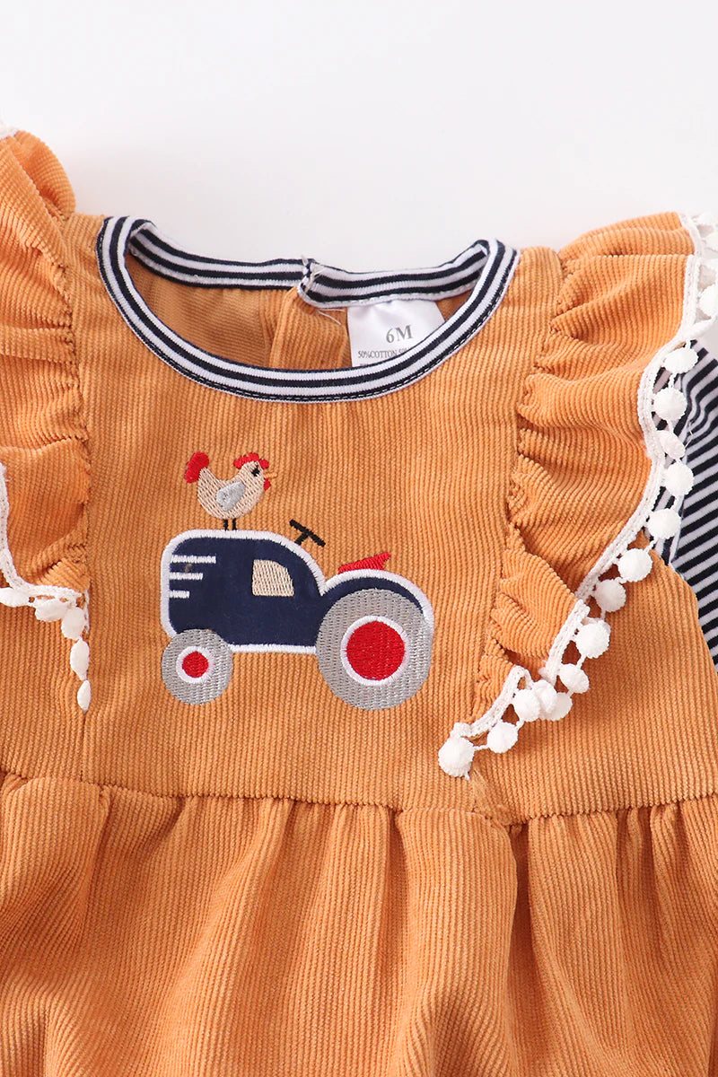 Mustard Rooster Truck Ruffle Baby Onesie