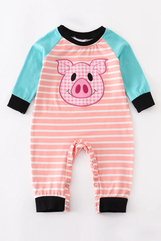 Striped Pig Applique Boy Romper