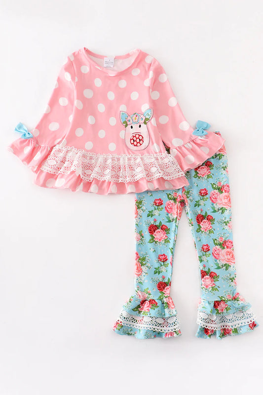 Pink Polkadot Pig Ruffle Pants Set