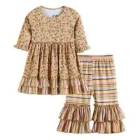 Brown Floral and Stripes Ruffle Dress and Pant Set