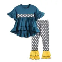 Cobalt and Mustard Hi-Lo Top and Ruffle Pants Set