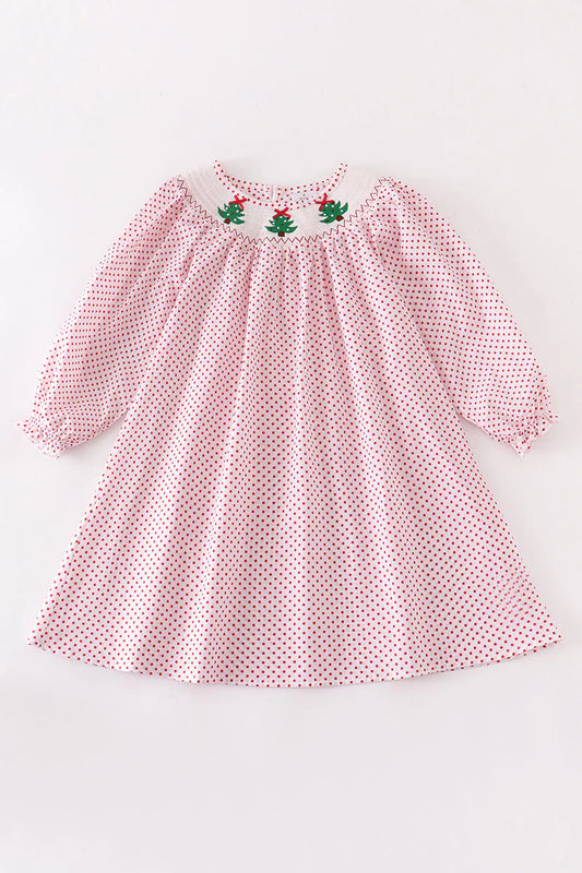 Red Dot Christmas Tree Smocked Dress