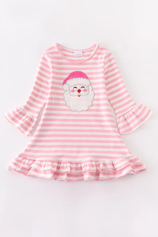 Pink Stripe Santa Applique Ruffle Dress