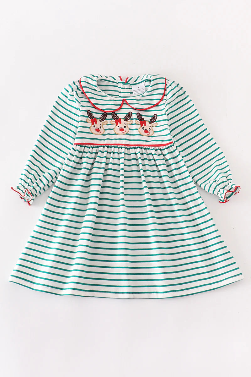 Green Stripe Reindeer Applique Smocked Dress