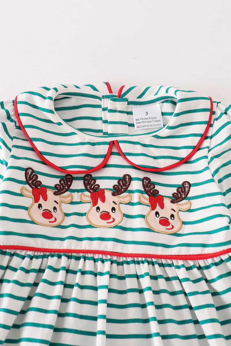 Green Stripe Reindeer Applique Smocked Dress