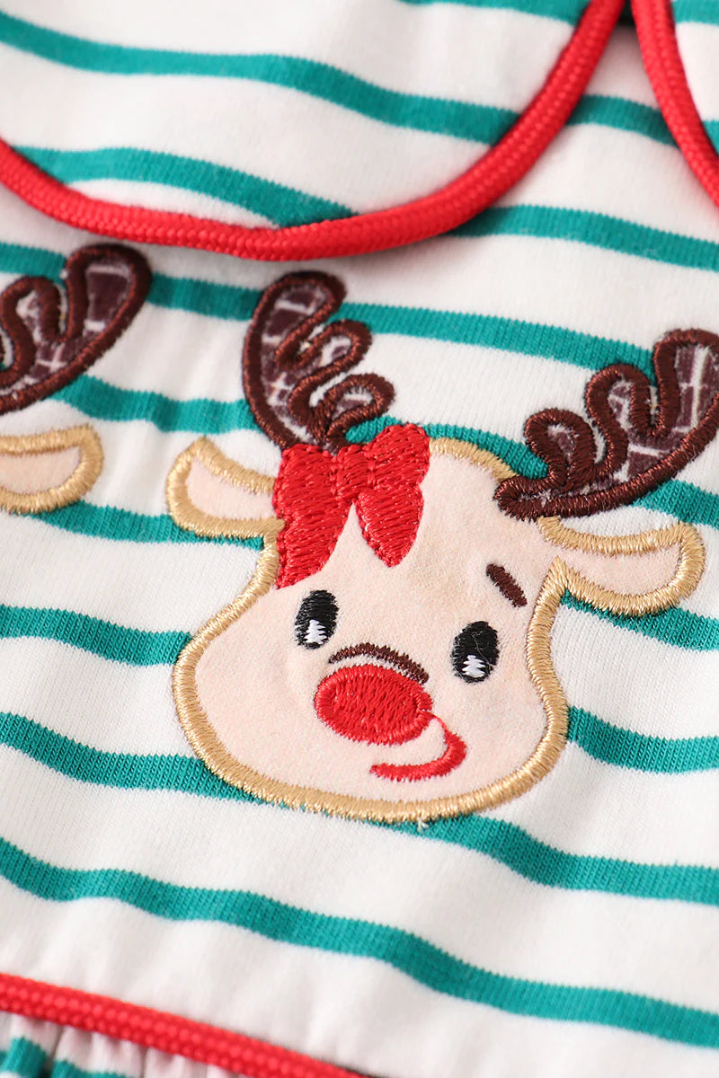 Green Stripe Reindeer Applique Smocked Dress