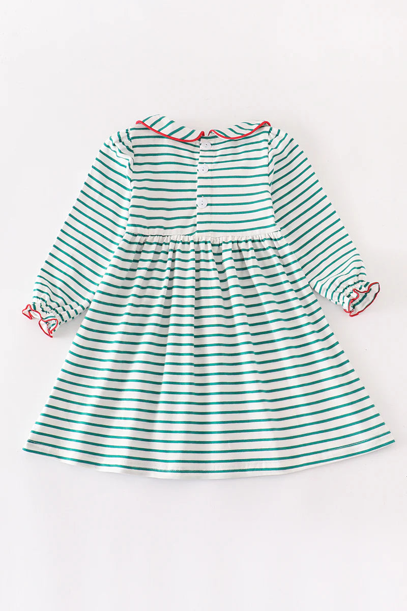 Green Stripe Reindeer Applique Smocked Dress