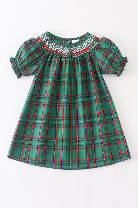 Green Plaid Smocked Dress