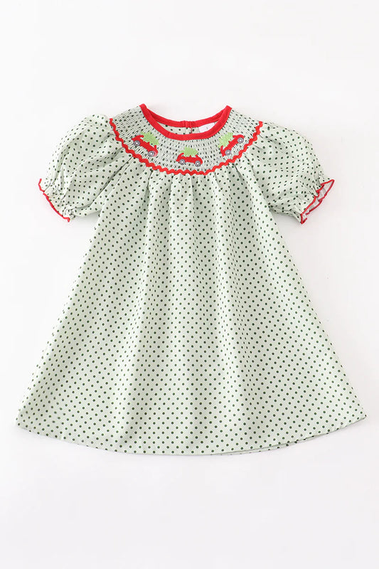 Green Christmas Tree Car Smocked Dress