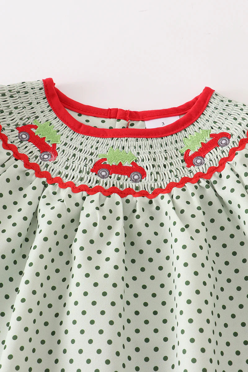 Green Christmas Tree Car Smocked Dress