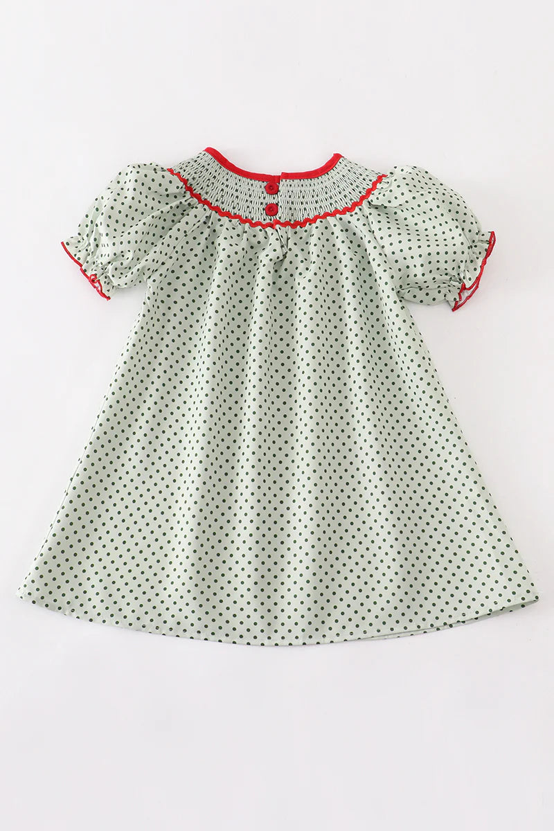 Green Christmas Tree Car Smocked Dress