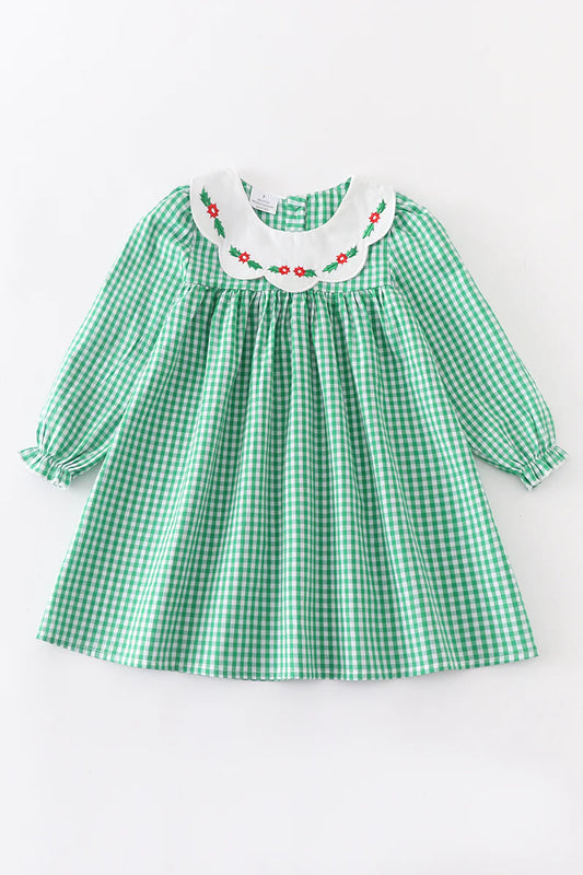 Green Plaid Floral Applique Dress