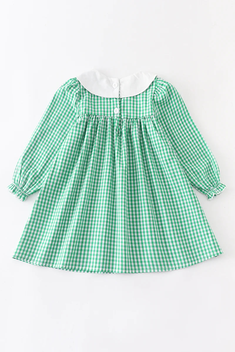 Green Plaid Floral Applique Dress