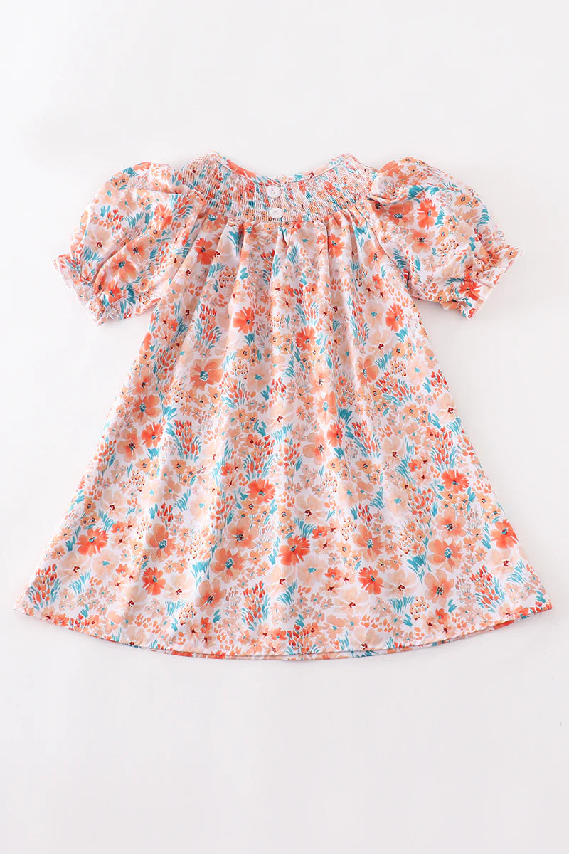 Orange Floral Smocked Ruffle Dress