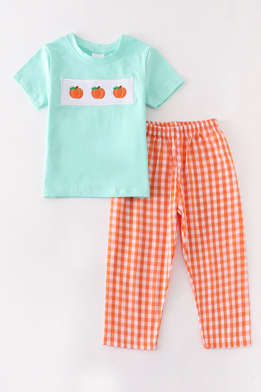 Teal Blue & Orange Smocked Pumpkin Pants Set