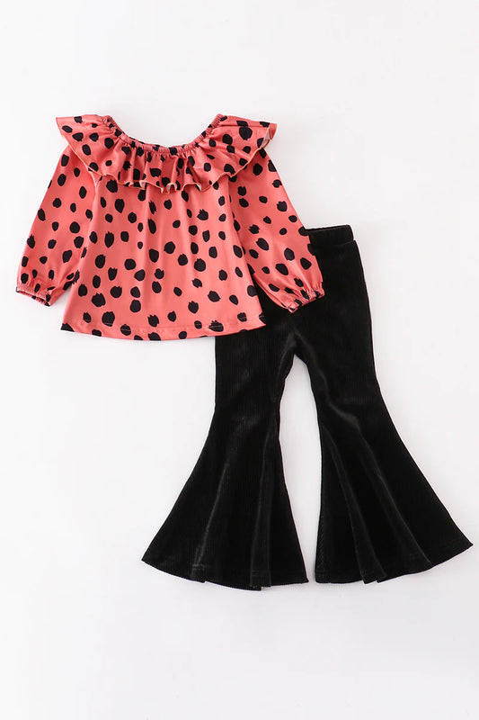 Leopard Ruffle Black Bell Pants Set