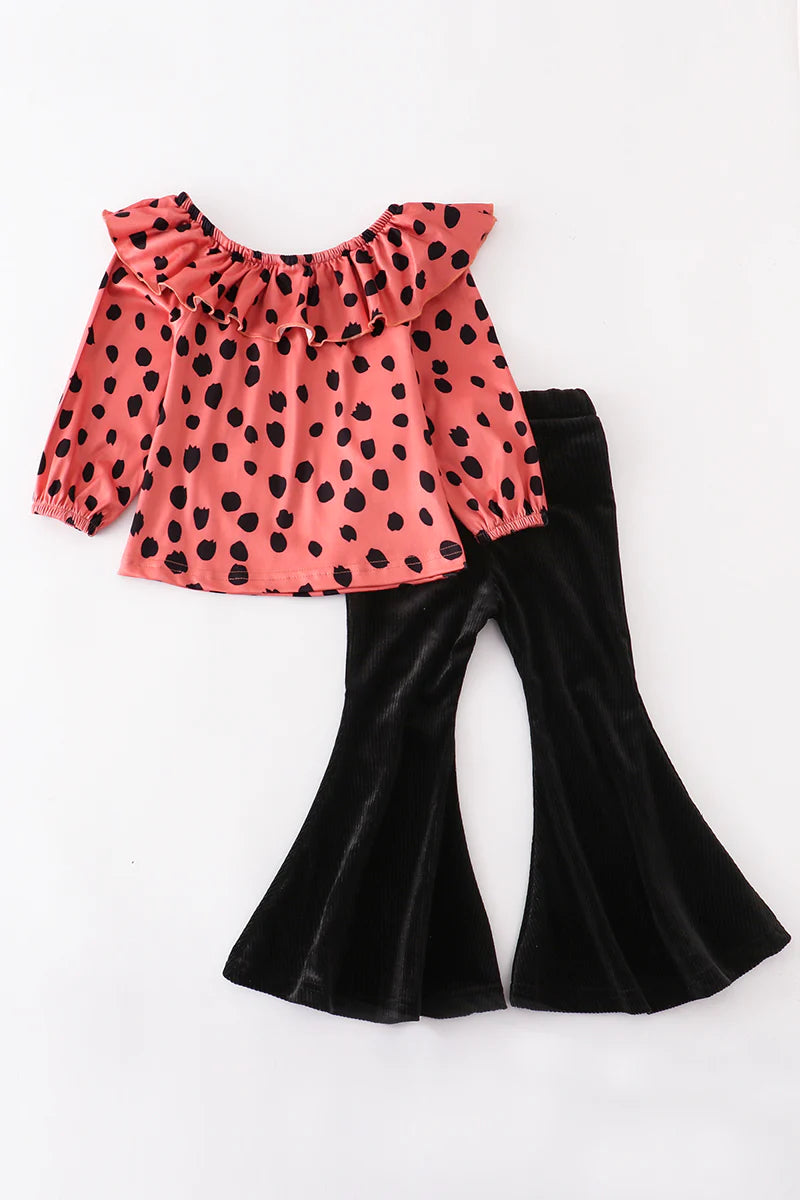 Leopard Ruffle Black Bell Pants Set