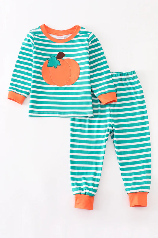 Green Striped Pumpkin Applique Pajama Set