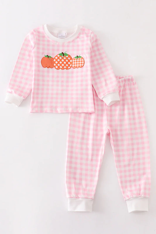 Pink Plaid Pumpkin Applique Pajama Set