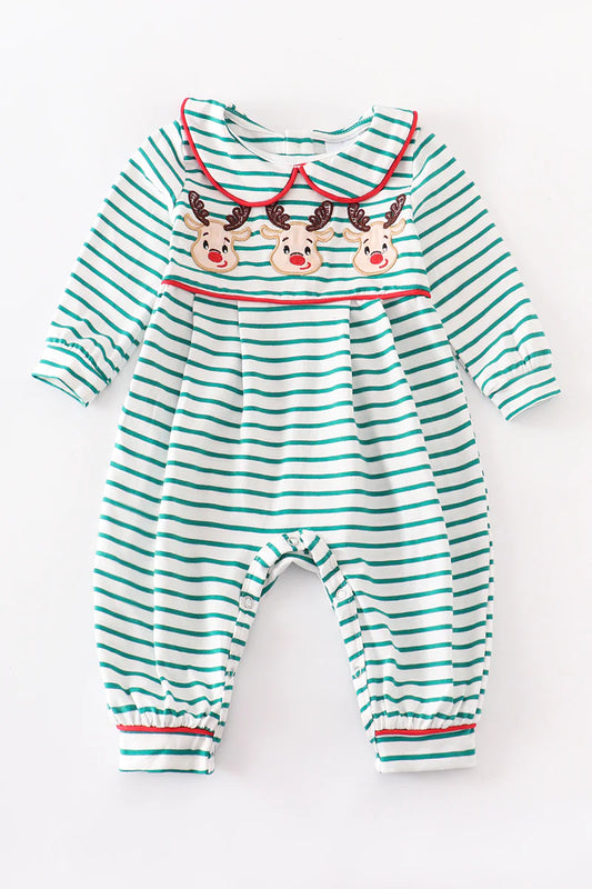 Green Stripe Reindeer Baby Boy Romper