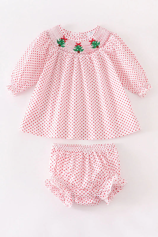 Red Dot Christmas Tree Smocked Baby Set