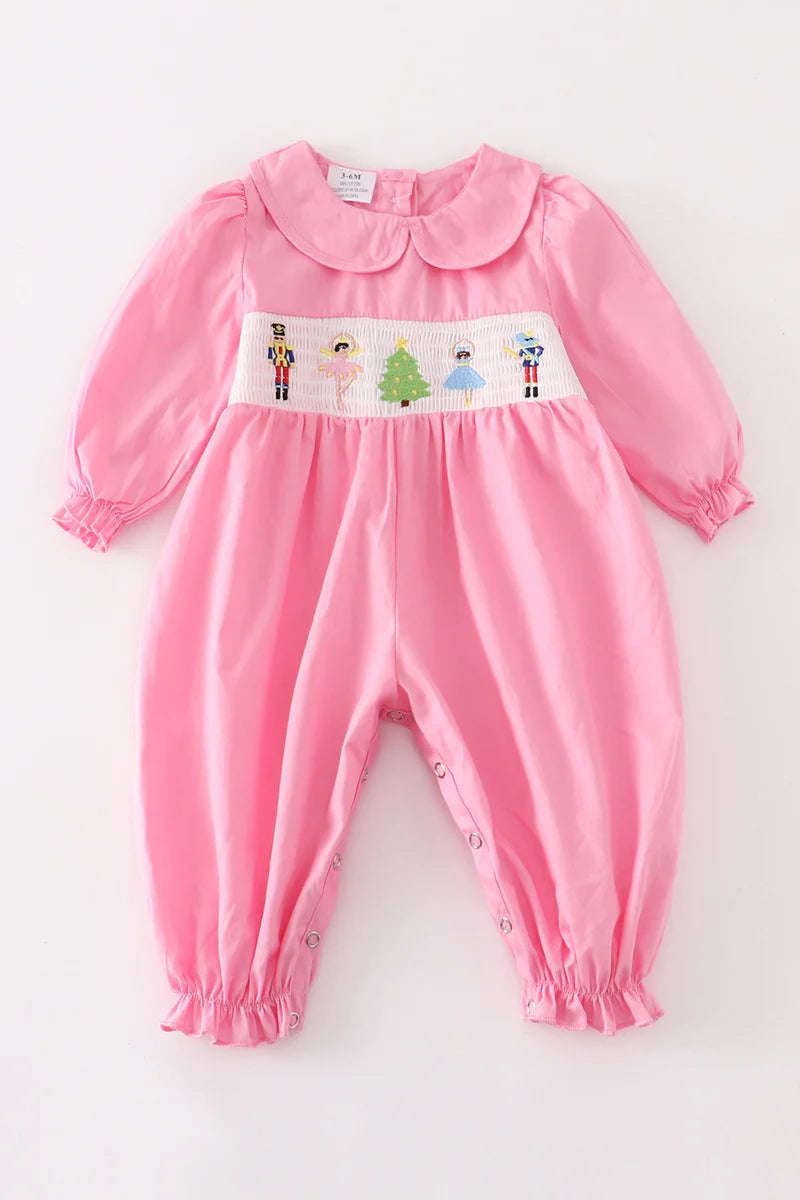 Pink Nutcracker Smocked Baby Romper