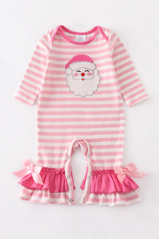 Pink Stripe Santa Applique Ruffle Baby Romper