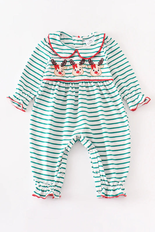 Green Stripe Reindeer Applique Ruffle Girl Romper