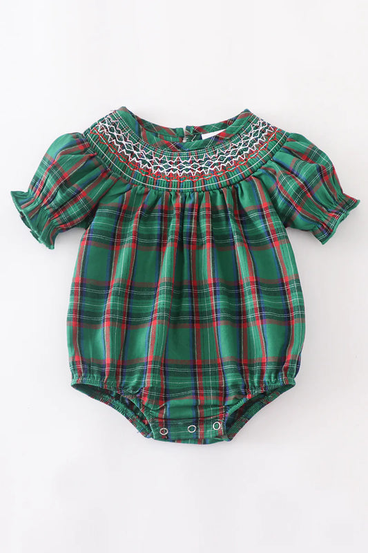 Green Plaid Smocked Romper