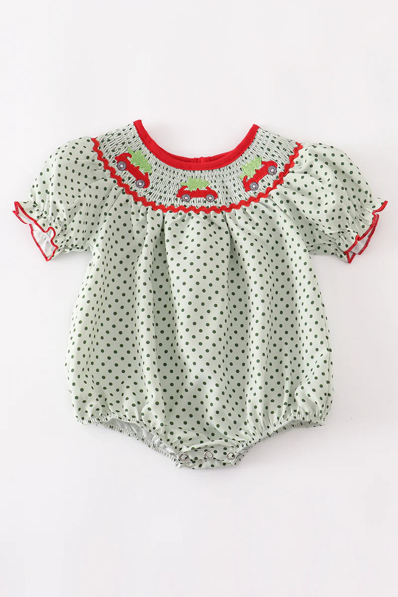 Green Christmas Tree Car Smocked Romper