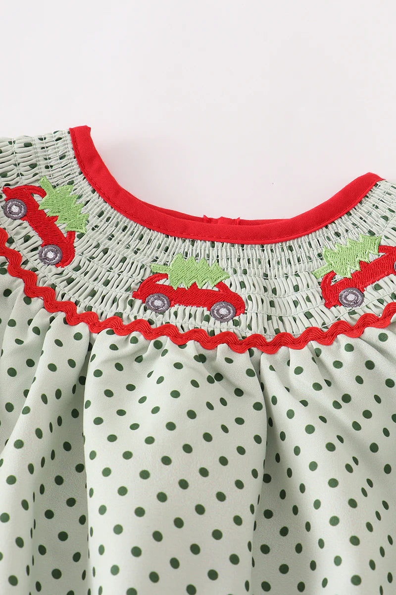 Green Christmas Tree Car Smocked Romper